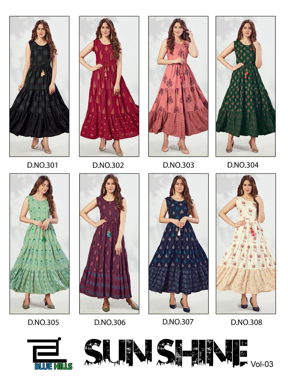 Blue Hills Sun Shine 3 Fancy Long Printed Designer Rayon Kurti Collection
